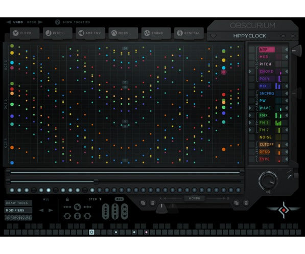 Obscurium is a generative synthesizer and timbral organism. Feeding on scales, chords and synthesis, producing vivid harmonics paired with an elaborate aesthetic. It is the source of a dazzling array of organic and lively sounds, delivering spherical pads, bubbly arpeggios and deadly percussion attacks.