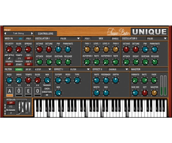 The Unique synthesizer specializes in state-of-the-art vowel sounds and mighty, mighty analog keyboard sounds. With Unique, it takes just a rightclick on a control and complex parameter rides with internal and external controllers become a joyride. And that’s what they should be, after all.