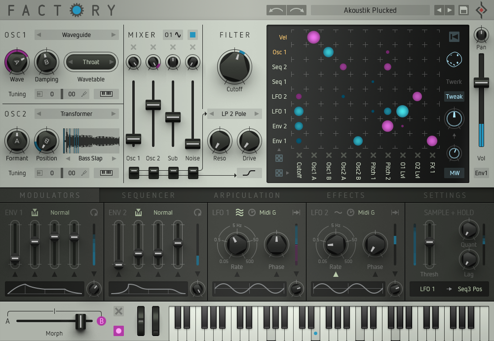 Factory is your safari ticket to the wilderness of sound. Bearded basslines go fishing for diamonds in a lake full of frogs. Crank the crossfader to morph from a tricky beat to some mellow chords. Combine what no one else has combined yet. This is not your usual preset-clicker. Factory is the new poly-synth from Sugar Bytes. The one with the matrix.