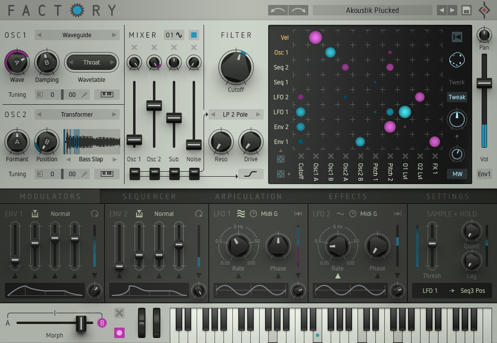 Factory is your safari ticket to the wilderness of sound. Bearded basslines go fishing for diamonds in a lake full of frogs. Crank the crossfader to morph from a tricky beat to some mellow chords. Combine what no one else has combined yet. This is not your usual preset-clicker. Factory is the new poly-synth from Sugar Bytes. The one with the matrix.  